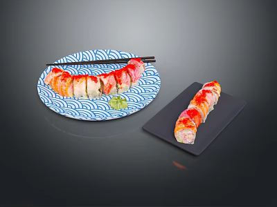 Sliced Sushi Rolls On Blue White Wave Plate With Chopsticks Wasabi And Black Plate Roll 3d model