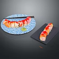 Sliced Sushi Rolls On Blue White Wave Plate With Chopsticks Wasabi And Black Plate Roll