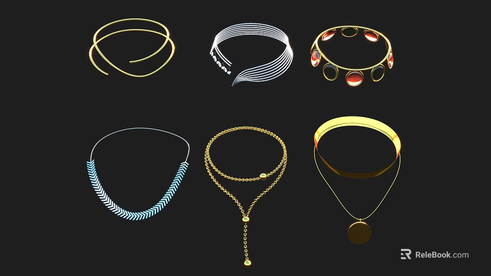 Stylish Jewelry Collection Featuring Gold Silver Blue Necklaces Chokers And Pendants 3d model 