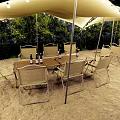 Garden Landscape With Outdoor Canopies Chairs Tables Trees And Potted Plants On Sandy Ground