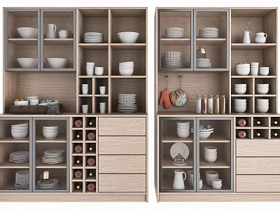 Wooden Sideboard Cabinet with Multiple Compartments Drawers Dishes Cups and Wine Bottles 3d model