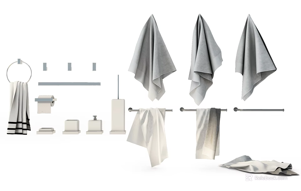 Gray And White Bathroom Towels With Hanging Racks Soap Dishes And Dispensers 3d model 