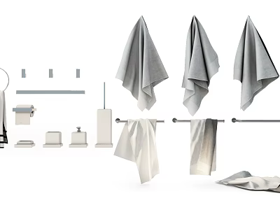 Gray And White Bathroom Towels With Hanging Racks Soap Dishes And Dispensers 3d model