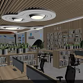 Modern Office Interior Design With Wooden Bookshelves Circular Lights Desks And Green Plants