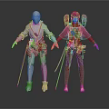 Futuristic Character Outfits With Mechanical Armor And Gear For Two Figures