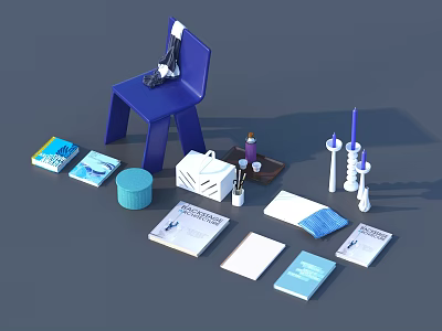 Colorful Books Magazines Arranged Around Blue Chair With White Box Purple Figurine And Candlestick 3d model