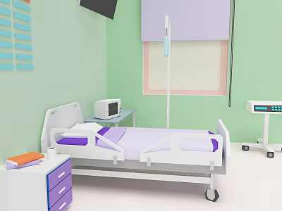 Cartoon Hospital Room Scene With White Bed Purple Bedsheet Medical Equipment And Orange Book 3d model