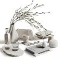 Decorative Ornament Set With Ceramic Vase Olive Branches Glass Cup Tray And Books