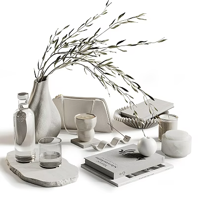Decorative Ornament Set With Ceramic Vase Olive Branches Glass Cup Tray And Books 3d model