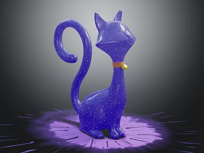 Purple Sparkling Cat Shaped Decorative Figurine With Curled Tail Bell And Glowing Base 3d model