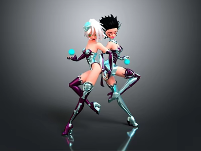 Anime Characters With White And Black Hair In Mechanical Outfits Holding Blue Orbs 3d model