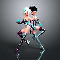 Anime Characters With White And Black Hair In Mechanical Outfits Holding Blue Orbs