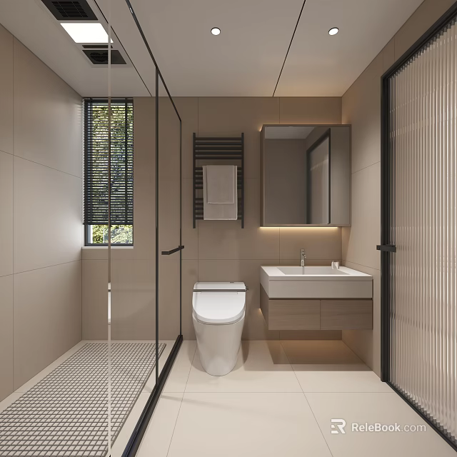 Modern Minimalist Bathroom Interior With Glass Shower White Toilet Vanity And Backlit Mirror 3d model 