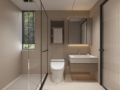 Modern Minimalist Bathroom Interior With Glass Shower White Toilet Vanity And Backlit Mirror 3d model
