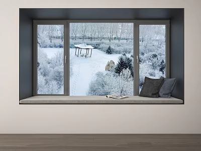 Cozy Bay Window With Snowy Winter Landscape Gray Cushions And Books On Windowsill 3d model