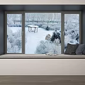 Cozy Bay Window With Snowy Winter Landscape Gray Cushions And Books On Windowsill