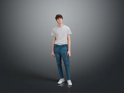 Young Man Standing In Gray Background Wearing White T Shirt And Blue Pants 3d model