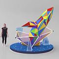 Colorful Geometric Sculpture With Blue Star Pattern Base And Transparent Cones Near Woman