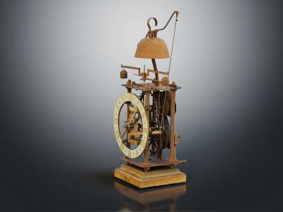 Ornate Vintage Mechanical Clock Featuring Brass Gears Bell And Wooden Stand 3d model