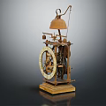 Ornate Vintage Mechanical Clock Featuring Brass Gears Bell And Wooden Stand