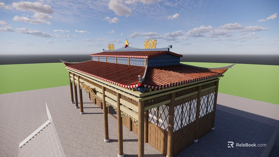 Ancient Chinese Architecture With Red Tiled Roof Ornate Eaves Wooden Columns And Lattice Windows 3d model 