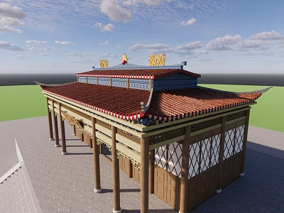 Ancient Chinese Architecture With Red Tiled Roof Ornate Eaves Wooden Columns And Lattice Windows 3d model