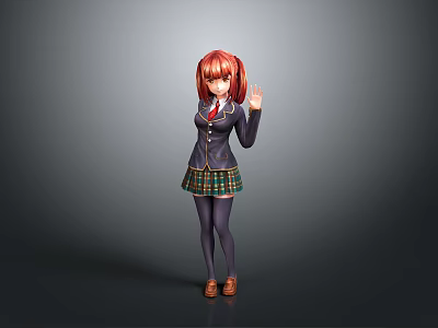 Red Haired Girl In School Uniform Waving Hand Standing Pose 3D Rendered Character 3d model
