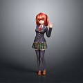 Red Haired Girl In School Uniform Waving Hand Standing Pose 3D Rendered Character