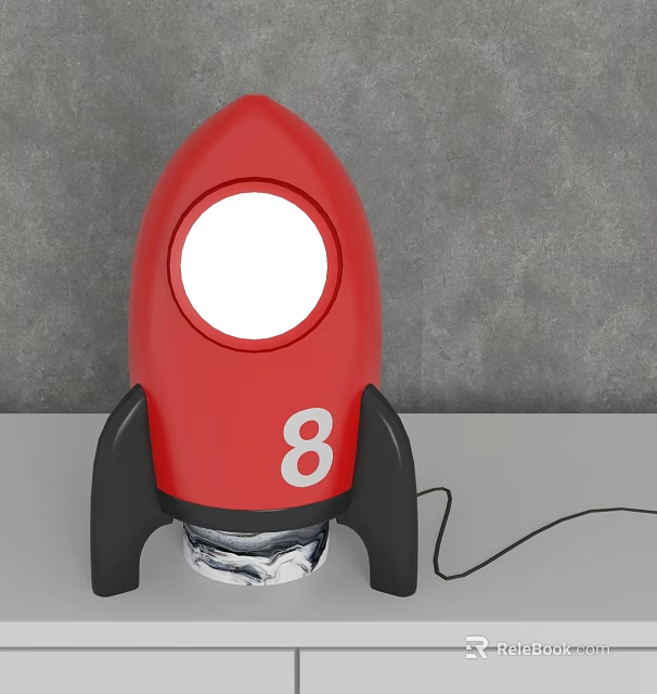 Red Rocket Shaped Unique Table Lamp With Number 8 And White Circular Light 3d model 