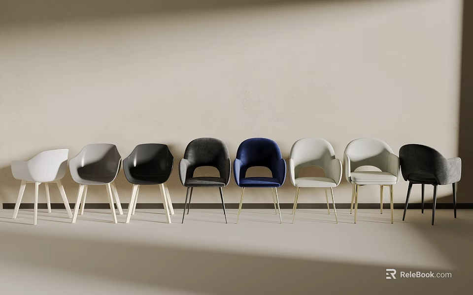Modern Accent Chairs In Various Colors Arranged Against Wall For Living Room Decor 3d model 