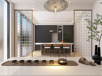 Modern Tea Room Interior Design With Lattice Screens Tea Set And Potted Plant 3d model