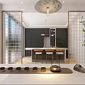 Modern Tea Room Interior Design With Lattice Screens Tea Set And Potted Plant