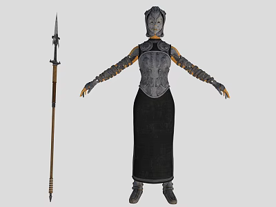 Game Fantasy Character In Metallic Armor With Decorative Spear And Ornate Details 3d model