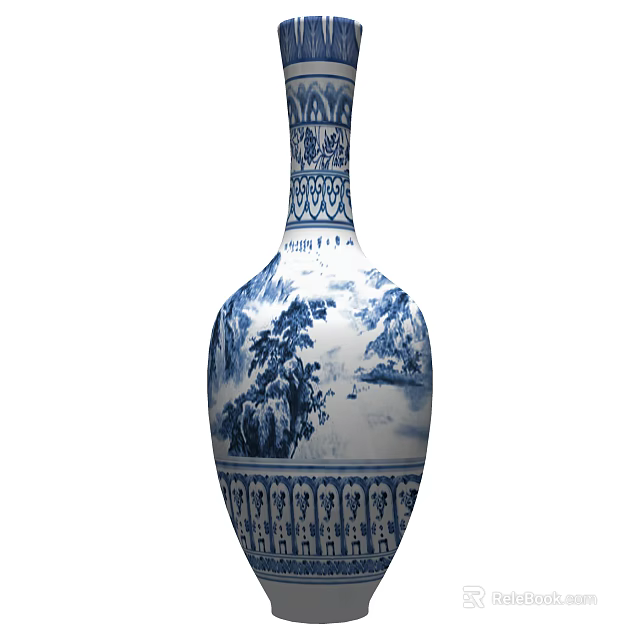 Traditional Blue And White Ceramic Vessel With Intricate Landscape Patterns And Decorative Borders 3d model 