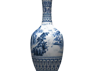 Traditional Blue And White Ceramic Vessel With Intricate Landscape Patterns And Decorative Borders 3d model