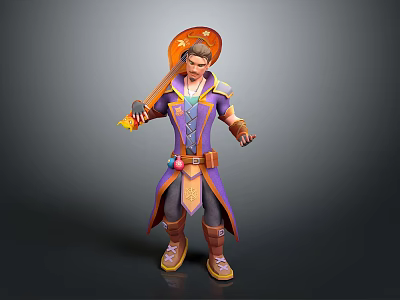 Fantasy Wizard Character in Purple Blue Robe with Hat Holding Decorated Staff and Brown Boots 3d model
