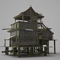 Traditional Ancient Architecture With Wooden Structure Elevated Platforms Staircases And Traditional Roofs