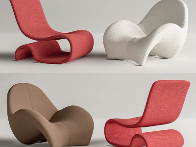 Modern Curved Leisure Chairs In Red White Brown With Soft Fabric And Ergonomic Design 3d model