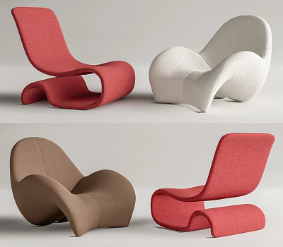 Modern Curved Leisure Chairs In Red White Brown With Soft Fabric And Ergonomic Design 3d model
