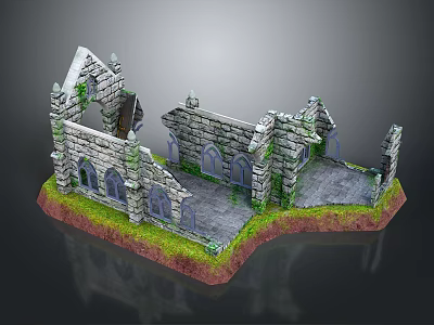 Ancient Stone Ruins With Gothic Arched Windows Moss Covered Walls On Grass Stone Slab Ground 3d model