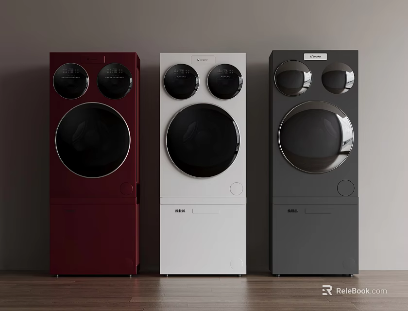 Modern Sleek Red White And Gray Washing Machines Arranged Side By Side 3d model 