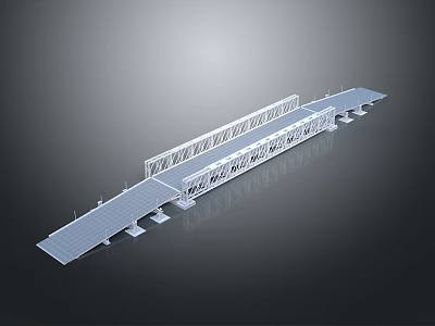 Modern Long Linear Architectural Structure With Metallic Grid Framework Supporting Columns And Platform 3d model