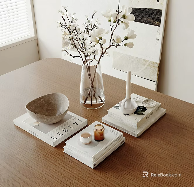 Modern Decorative Ornament Set With Gray Bowl Vase White Flowers And Candles On Wooden Table 3d model 