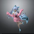 Cute Cartoon Child with Light Blue Hair Pink Dress Big Gloves and Fox Tail Dancing