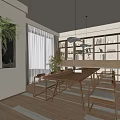 Modern Minimalist Dining Room With Long Wooden Table Chairs Green Plants Bookshelves And Natural Light