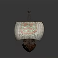 Ancient Wooden Sailing Ship Water Vessel With White Sail And Decorative Pattern