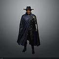 Man in Black Hat Dark Blue Cape Black Leather Outfit with Boots on Gray Background