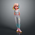 3D Character With Pink Rainbow Hair In Gray Jumpsuit And Yellow Flower Pattern