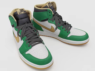 High Top Sneakers With Green White Gold And Gray Laces Nike Swoosh Design 3d model High Top Sneakers With Green White Gold And Gray Laces Nike Swoosh Design 3d model