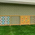 Wooden Playground Equipment With Climbing Circles Rope Net Colorful Hearts And Ladder On Grass Lawn
